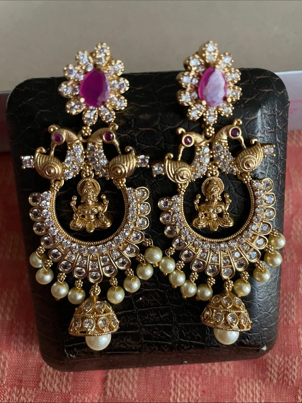Gold-Tone Pink Stone Temple Jhumka Earrings with Pearls